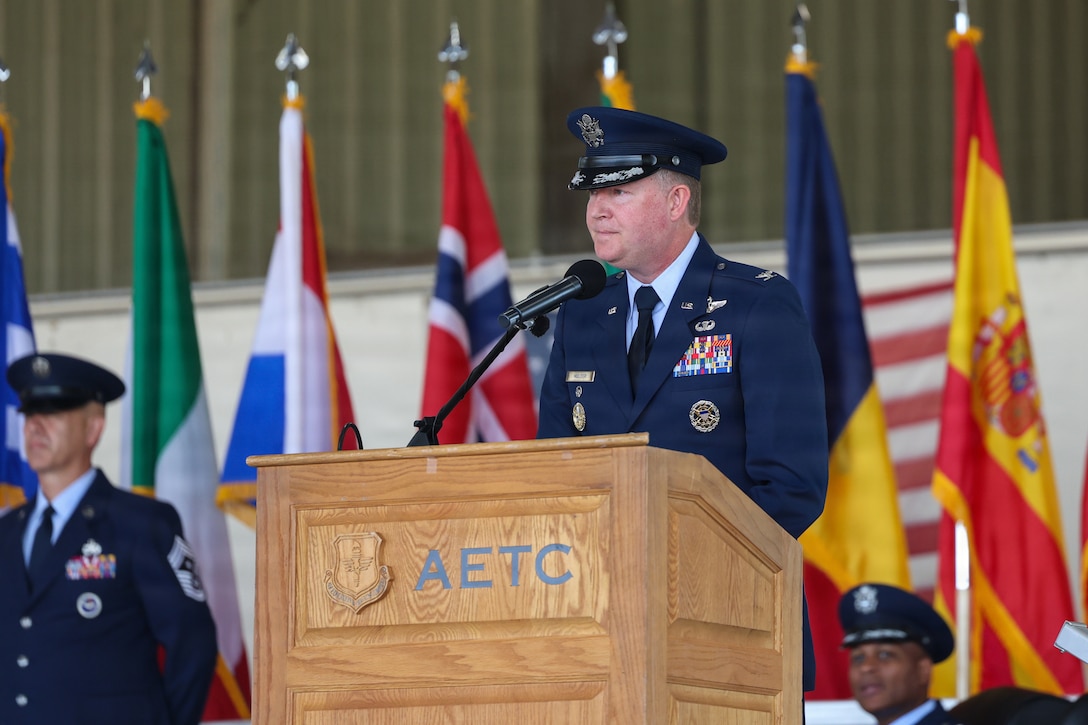 U.S. Air Force Col. Christopher P. Mulder, 80th Flying Training Wing incoming commander, provides remarks during the 80th FTW change of command ceremony at Sheppard Air Force Base, Texas, June 29, 2026.