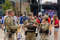 Soldiers from the 972nd Military Police Company and 211th Military Police Battalion, Massachusetts National Guard, provide security at an entrance area at Boston Stadium before a FIFA World Cup game, June 26, 2026.