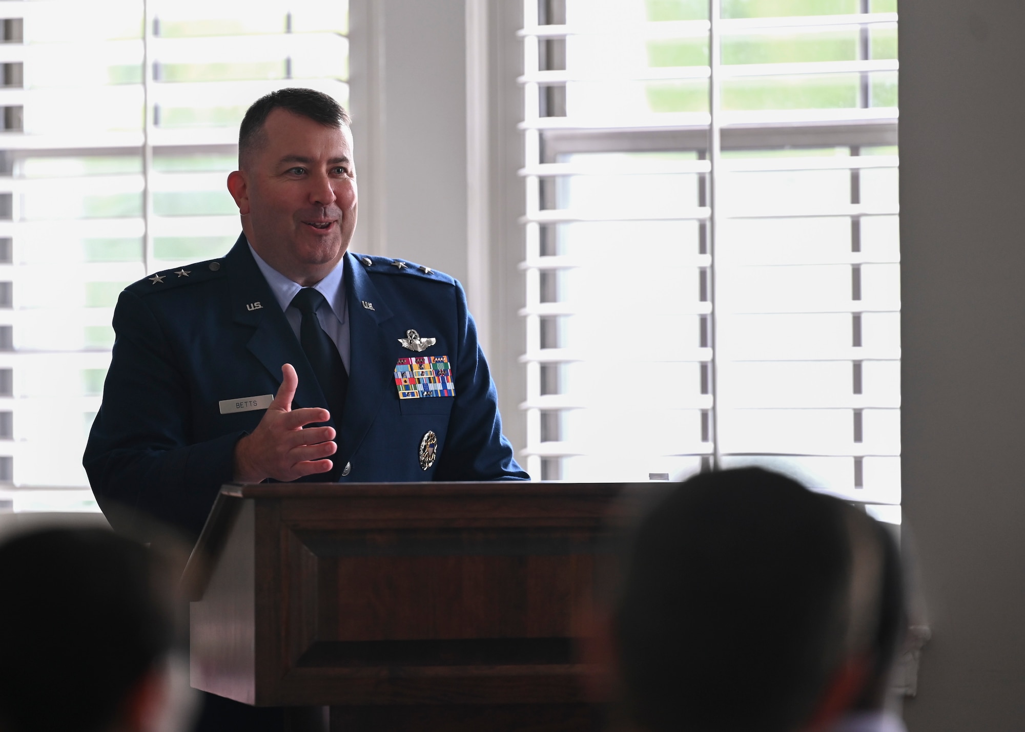 U.S. Air Force Maj. Gen. William Betts, Director of Plans, Programs and Requirements, Headquarters Air Combat Command, delivers remarks during the Air Combat Command Operations Analysis Squadron change of command ceremony.