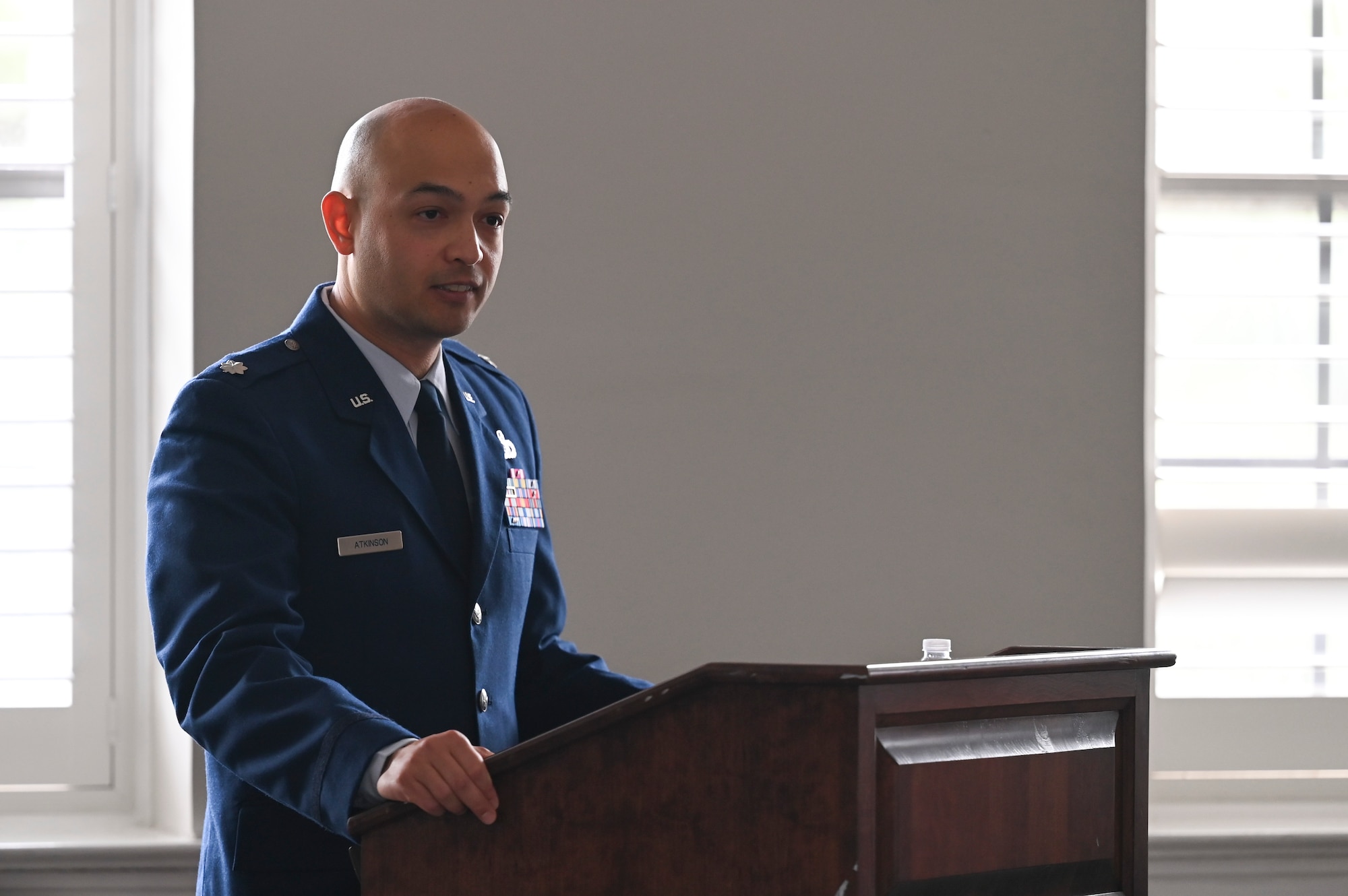 U.S. Air Force Lt. Col. Andrew Atkinson, commander of Air Combat Command Operations Analysis Squadron (OAS), delivers remarks during the Air Combat Command Operations Analysis Squadron change of command ceremony.