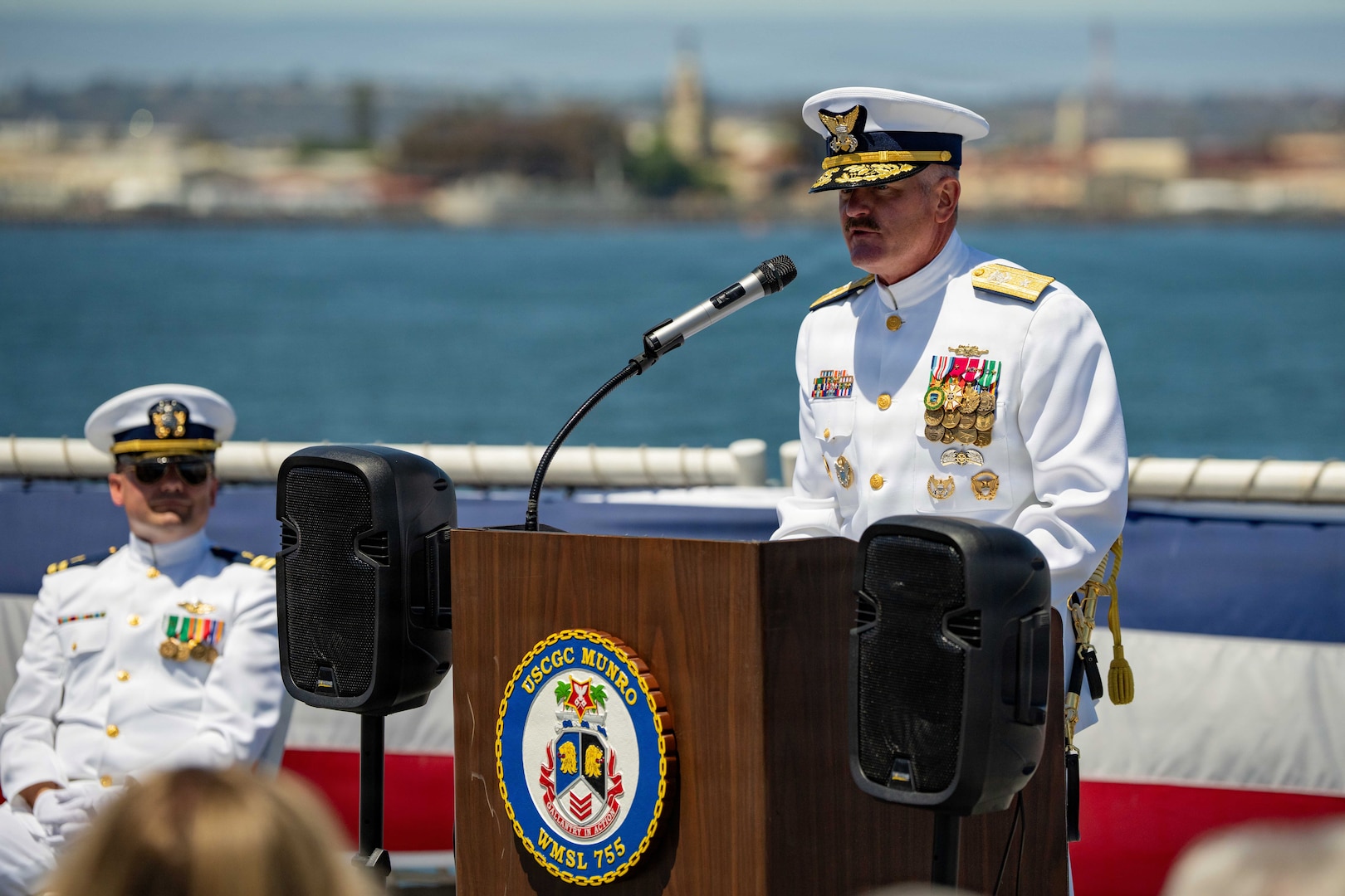 U.S. Coast Guard Rear Admiral Jeffery W. Novak speaks at a change of command ceremony aboard Coast Guard Cutter Munro (WMSL 755) in San Diego, June 26, 2026. Novak serves as the commander of Southwest District as well as the deputy commander of Pacific Area. (U.S. Coast Guard photo by Petty Officer 3rd Class Chris Sappey)