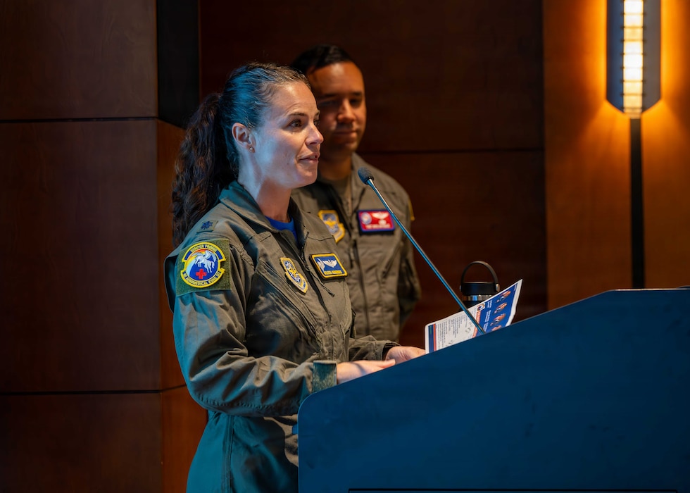 Air Force Lieutenant Colonel gives a briefing.