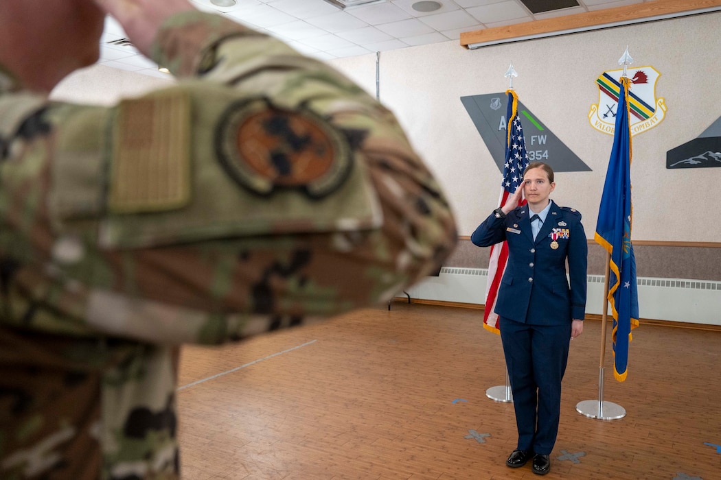 U.S. Air Force Lt. Col. Michelle Ground, 354th Force Support Squadron commander, renders her final salute to members of the 354th FSS during a change of command ceremony at Eielson Air Force Base, Alaska, June 26, 2026.