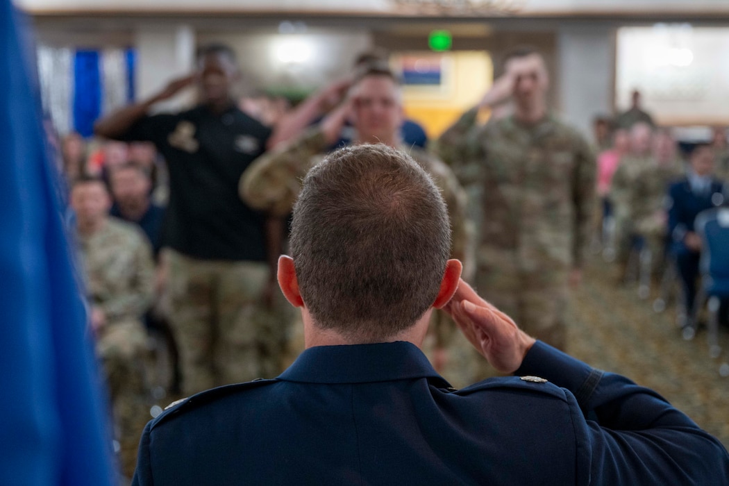 U.S. Air Force Lt. Col. Nathan Schultz, 354th Force Support Squadron commander, renders his first salute to members of the 354th FSS during a change of command ceremony at Eielson Air Force Base, Alaska, June 26, 2026.