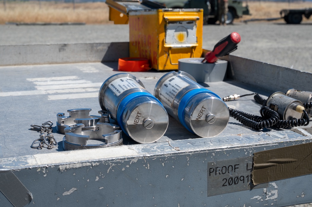 An FMU-167 fuze rests on a table during a fragmentation order preparation exercise at Beale Air Force Base, California, June 12, 2026.