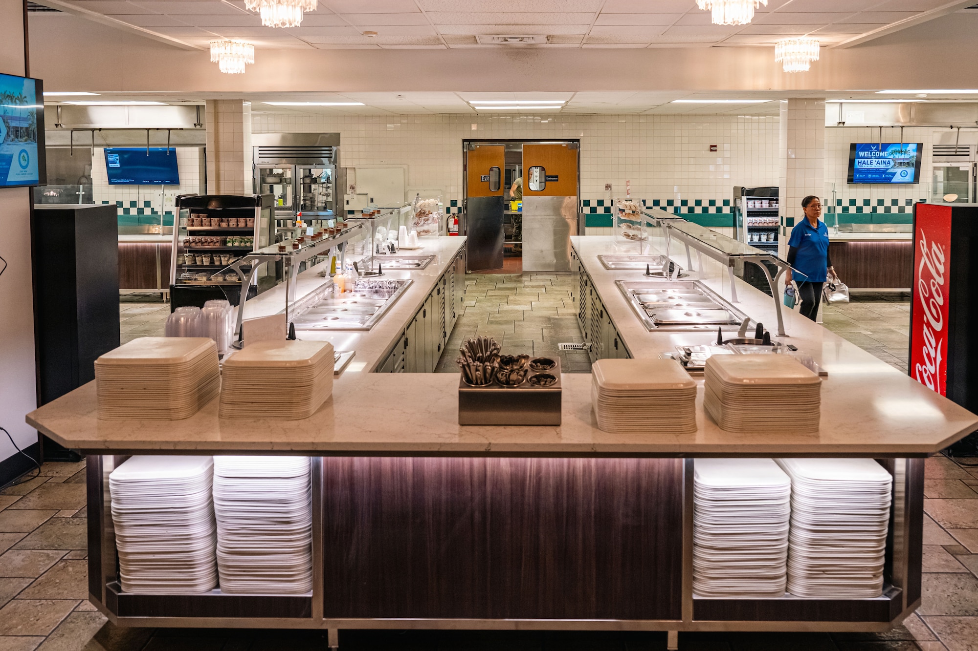 Interior view of the Hale ʻAina Dining Facility shows a renovated serving area at Joint Base Pearl Harbor-Hickam, Hawaii, June 17, 2026. The renovation project includes updates to serving line layouts, lighting, customer flow and food safety equipment to improve dining operations and service efficiency. (U.S. Air Force photo by Staff Sgt. Mark Sulaica)