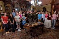 Col. Michelle M. Williams, U.S. Army Financial Management Command commander, and Command Sgt. Maj. Joy L. Allen, USAFMCOM senior enlisted advisor, pose with 19 students participating a Future Presidents of America program at the Benjamin Harrison Presidential Site in Indianapolis June 30, 2026. The site’s Future Presidents of America program is a youth leadership camp with a mission of developing individual confidence, civic literacy and good citizenship to reveal the exceptional qualities of character that make for great presidents and leaders. (U.S. Army photo by Mark R. W. Orders-Woempner)