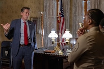 Charles A. Hyde, Benjamin Harrison Presidential Site president and chief executive officer, gives a tour to Col. Michelle M. Williams, U.S. Army Financial Management Command commander, back left, and Command Sgt. Maj. Joy L. Allen, USAFMCOM senior enlisted advisor, at the Benjamin Harrison Presidential Site in Indianapolis June 30, 2026. After the tour, Williams and Allen spoke to 19 students participating in the site’s Future Presidents of America program, a youth leadership camp with a mission of developing individual confidence, civic literacy and good citizenship to reveal the exceptional qualities of character that make for great presidents and leaders. (U.S. Army photo by Mark R. W. Orders-Woempner)