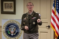 Col. Michelle M. Williams, U.S. Army Financial Management Command commander, speaks about leadership to 19 students participating a Future Presidents of America program at the Benjamin Harrison Presidential Site in Indianapolis June 30, 2026. The site’s Future Presidents of America program is a youth leadership camp with a mission of developing individual confidence, civic literacy and good citizenship to reveal the exceptional qualities of character that make for great presidents and leaders. (U.S. Army photo by Mark R. W. Orders-Woempner)