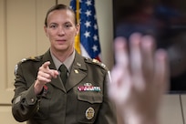 Col. Michelle M. Williams, U.S. Army Financial Management Command commander, speaks about leadership to 19 students participating a Future Presidents of America program at the Benjamin Harrison Presidential Site in Indianapolis June 30, 2026. The site’s Future Presidents of America program is a youth leadership camp with a mission of developing individual confidence, civic literacy and good citizenship to reveal the exceptional qualities of character that make for great presidents and leaders. (U.S. Army photo by Mark R. W. Orders-Woempner)