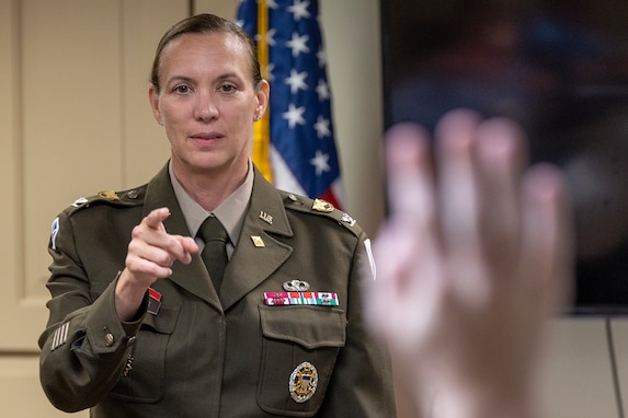 Col. Michelle M. Williams, U.S. Army Financial Management Command commander, speaks about leadership to 19 students participating a Future Presidents of America program at the Benjamin Harrison Presidential Site in Indianapolis June 30, 2026. The site’s Future Presidents of America program is a youth leadership camp with a mission of developing individual confidence, civic literacy and good citizenship to reveal the exceptional qualities of character that make for great presidents and leaders. (U.S. Army photo by Mark R. W. Orders-Woempner)