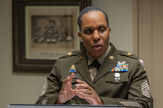 Command Sgt. Maj. Joy L. Allen, U.S. Army Financial Management Command senior enlisted advisor, speaks about servant leadership to 19 students participating a Future Presidents of America program at the Benjamin Harrison Presidential Site in Indianapolis June 30, 2026. The site’s Future Presidents of America program is a youth leadership camp with a mission of developing individual confidence, civic literacy and good citizenship to reveal the exceptional qualities of character that make for great presidents and leaders. (U.S. Army photo by Mark R. W. Orders-Woempner)