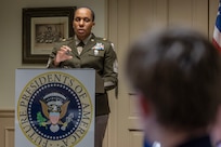 Command Sgt. Maj. Joy L. Allen, U.S. Army Financial Management Command senior enlisted advisor, speaks about servant leadership to 19 students participating a Future Presidents of America program at the Benjamin Harrison Presidential Site in Indianapolis June 30, 2026. The site’s Future Presidents of America program is a youth leadership camp with a mission of developing individual confidence, civic literacy and good citizenship to reveal the exceptional qualities of character that make for great presidents and leaders. (U.S. Army photo by Mark R. W. Orders-Woempner)