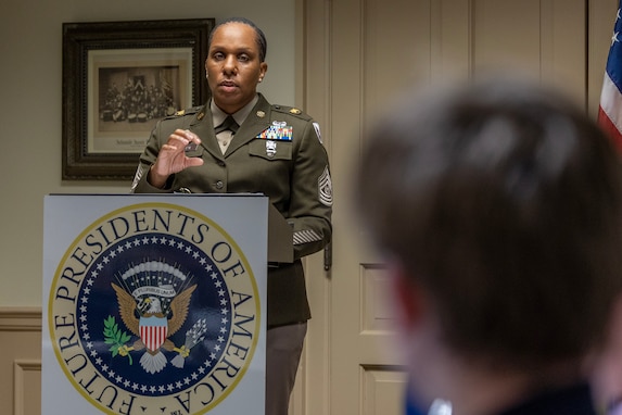 Command Sgt. Maj. Joy L. Allen, U.S. Army Financial Management Command senior enlisted advisor, speaks about servant leadership to 19 students participating a Future Presidents of America program at the Benjamin Harrison Presidential Site in Indianapolis June 30, 2026. The site’s Future Presidents of America program is a youth leadership camp with a mission of developing individual confidence, civic literacy and good citizenship to reveal the exceptional qualities of character that make for great presidents and leaders. (U.S. Army photo by Mark R. W. Orders-Woempner)