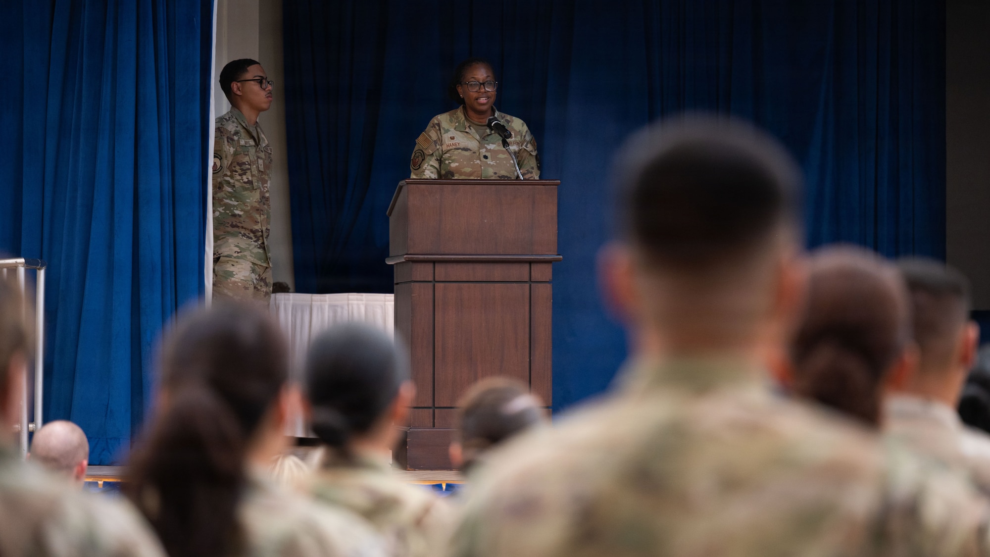 U.S. Airmen participate in a change of command ceremony.