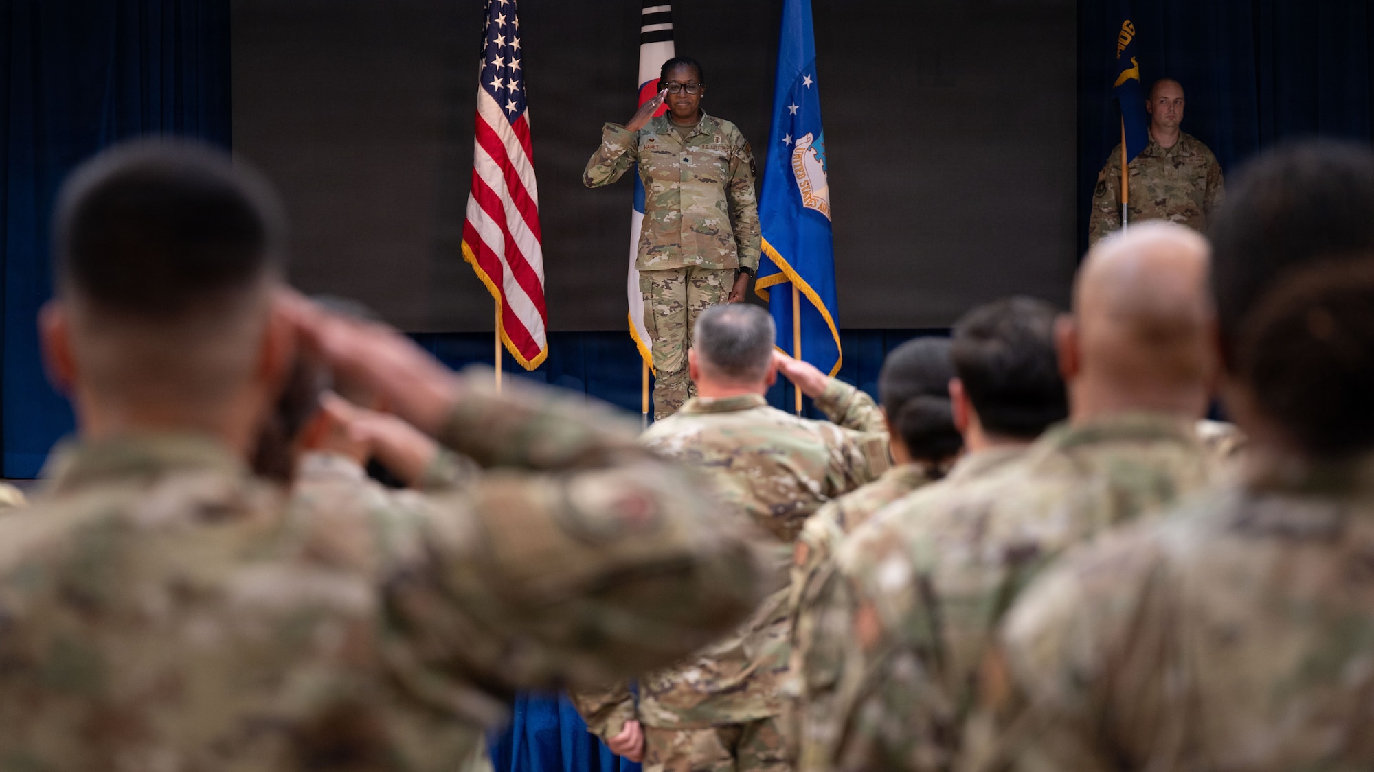 U.S. Airmen participate in a change of command ceremony.