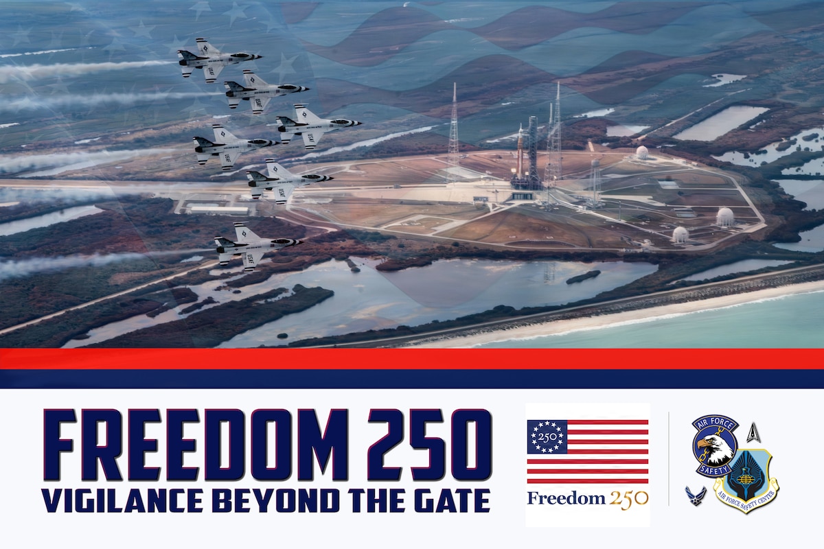DAF Safety Freedom 250: Vigilance beyond the gate. U.S. Air Force Air Demonstration Squadron “Thunderbirds”, fly past Artemis II at Kennedy Space Center, Fla., Feb. 12, 2026. From precision flight overhead to astronauts bound for space, both the Thunderbirds and Artemis II are a celebration of Americans who dared to explore and push the boundaries of what is possible.