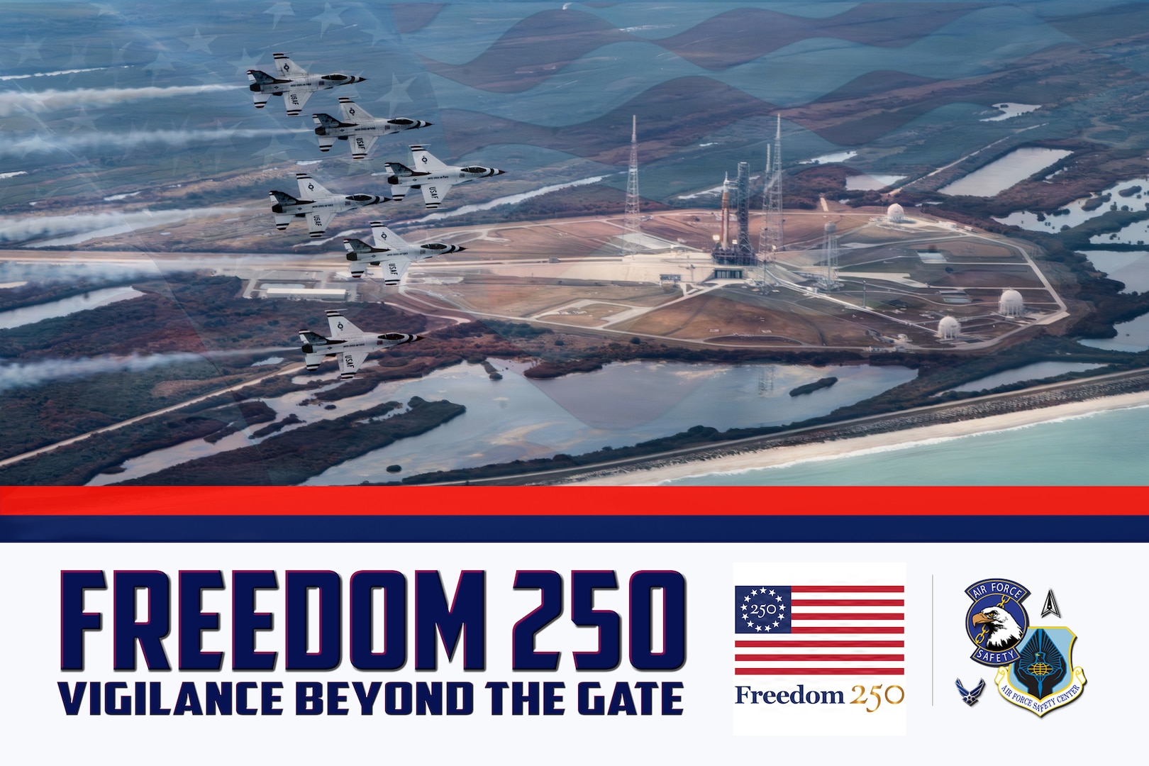DAF Safety Freedom 250: Vigilance beyond the gate. U.S. Air Force Air Demonstration Squadron “Thunderbirds”, fly past Artemis II at Kennedy Space Center, Fla., Feb. 12, 2026. From precision flight overhead to astronauts bound for space, both the Thunderbirds and Artemis II are a celebration of Americans who dared to explore and push the boundaries of what is possible.