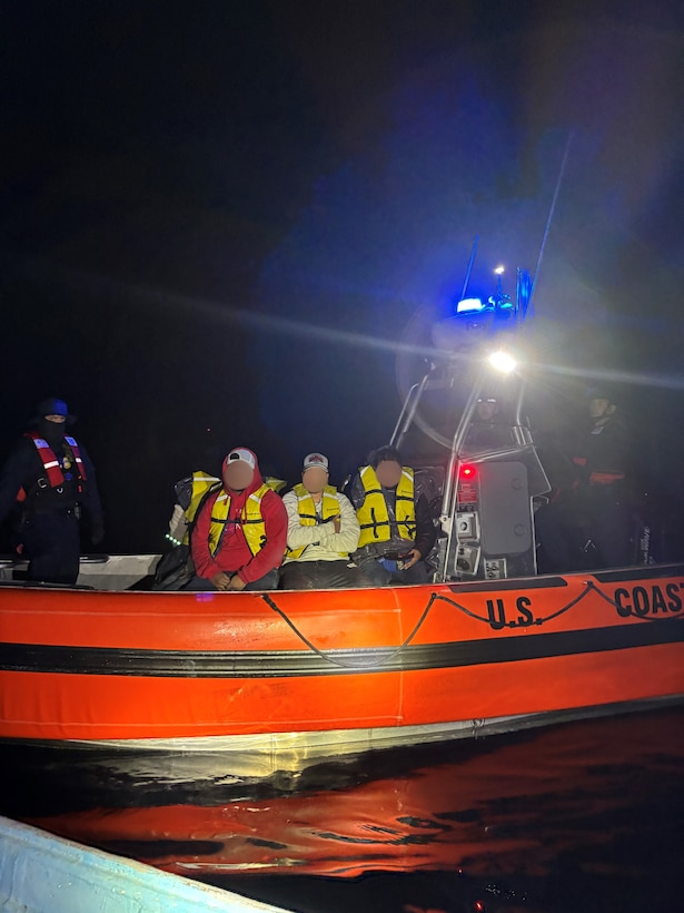 A Coast Guard Cutter Forrest Rednour (WPC 1129) boarding team interdicts a suspected alien vessel March 1, 2026.