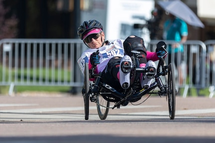 U.S. Army Master Sgt. Jodi Pyle-Vandersys takes a corner on a recumbent cycle at the cycling event during the 2025 Department of Defense Warrior Games at Colorado Springs, Colorado, July 18, 2025.
