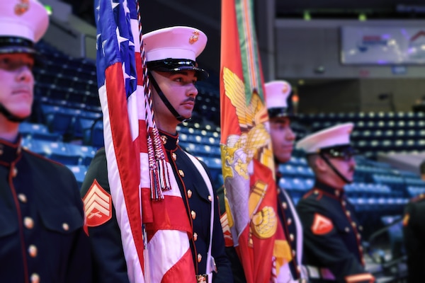 U.S. Marine Corps Sgt. Mark A. Tatch II, quality assurance noncommissioned officer, Weapons Company, 2nd Force Storage Battalion, Marine Force Storage Command, serves as the command color sergeant during the 250th Marine Corps Birthday Ball at Marine Corps Logistics Base Albany, Georgia, Nov. 08, 2026. The Marine Corps Birthday Ball commemorates 250 years of honor, courage and commitment, celebrating the legacy and continued service of Marines worldwide.