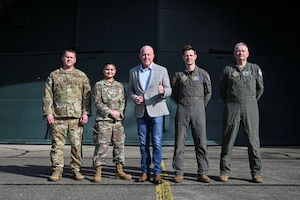 Bill White, center, U.S. Ambassador to Belgium, and U.S. Air Force Col. Scott Adams, far left, U.S. Embassy Brussels and Luxembourg air attaché, poses for a photo with leadership assigned to the 701st Munitions Support Squadron and Belgian Air Force 10th Tactical Wing.