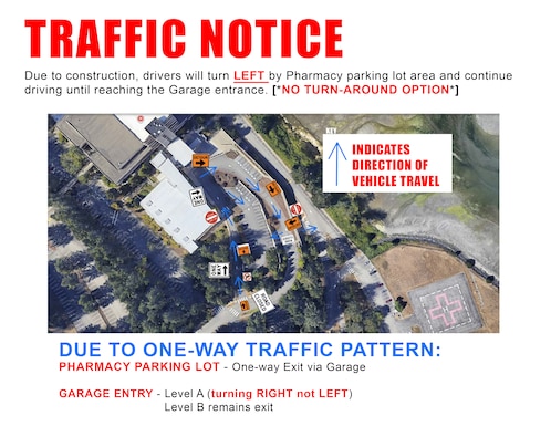 Starting Monday, March 2, 2026, the normal flow of vehicle traffic for the Pharmacy Parking lot, Quarterdeck entrance and covered garage parking will be detoured. 
This temporary change is due to needed construction, with expected completion date in mid-May.
All are advised to follow the one-way-only directional signs for Pharmacy parking and undercover garage access and exit.
There will be no option to turn-around. 
Please be advised: There is a height restriction of 6 feet 10 inches for the garage. Any tall vehicle – such as an oversized SUV or city/county transit bus - will not be capable of using the detour route. Any bus service will drop off and pick up at Sky Bridge [Mt Adams Parking Lot].
We sincerely apologize for any inconvenience.