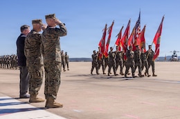 Current and former commanding generals of 3rd Marine Aircraft Wing salute the colors during a change of command ceremony at Marine Corps Air Station Miramar, California, Feb. 27, 2026. The ceremony marked the transfer of command from Maj. Gen. James B. Wellons to Brig. Gen. Robert B. Brodie. Under the command of Wellons, the Wing operated across five geographic combatant commands and logged nearly half of all active-duty flight hours while maintaining the lowest mishap rate among like formations. (U.S. Marine Corps photo by Sgt. Renee Gray)