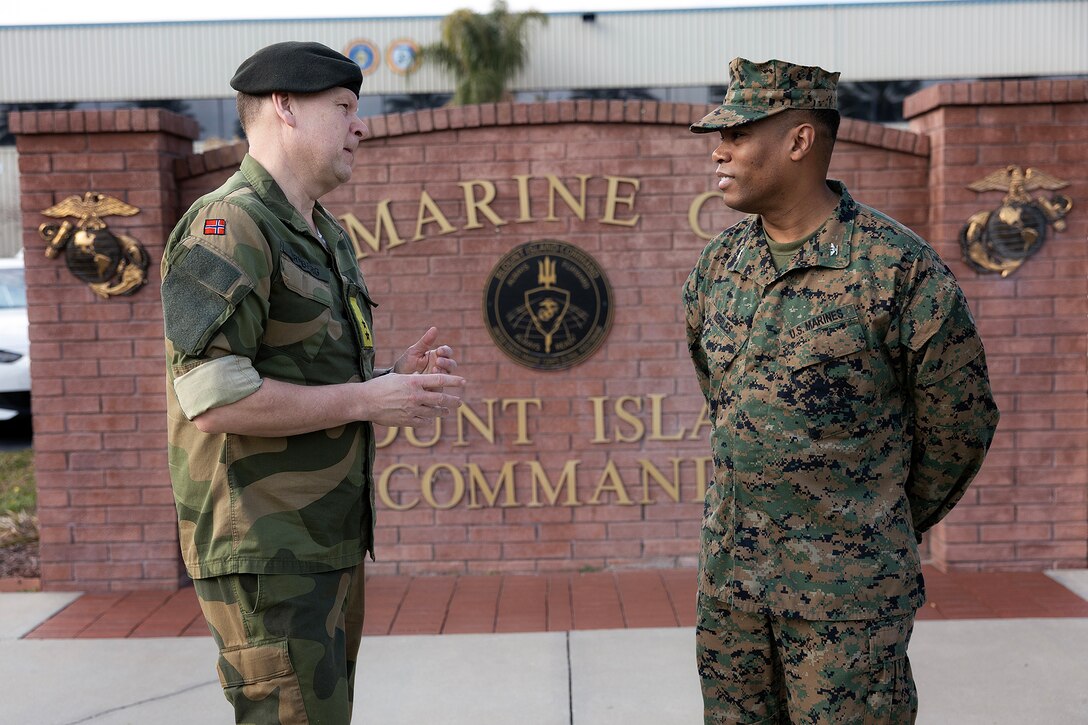 Norway Army Maj. Gen. Anders Jernberg, commander of the Norwegian Defense Logistics Organization, speaks with U.S. Marine Corps Col. David Merles, commanding officer of Blount Island Command, during a visit Feb. 27, 2026, to Marine Corps Support Facility Blount Island in Jacksonville, Florida, to discuss Arctic prepositioning, forward sustainment and NATO readiness in the High North. (U.S. Marine Corps photo by Dustin Senger)