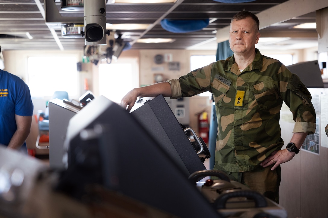 Norway Army Maj. Gen. Anders Jernberg, commander of the Norwegian Defense Logistics Organization, stands on the bridge of the USNS Dahl, a maritime prepositioning ship, during a visit Feb. 27, 2026, at Marine Corps Support Facility Blount Island in Jacksonville, Florida. The visit highlighted Arctic prepositioning and allied sustainment supporting NATO readiness in the High North. (U.S. Marine Corps photo by Dustin Senger)