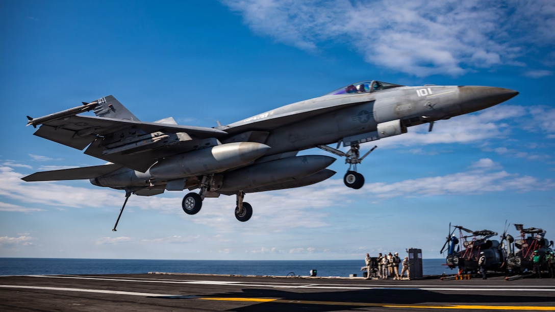 An F/A-18E Super Hornet aircraft, attached to Strike Fighter Squadron 37, lands on the flight deck of the world’s largest aircraft carrier, USS Gerald R. Ford (CVN 78), while operating in support of Operation Epic Fury, March 1, 2026. (U.S. Navy photo)