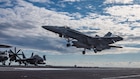An F/A-18E Super Hornet aircraft, attached to Strike Fighter Squadron 37, lands on the flight deck of the world’s largest aircraft carrier, USS Gerald R. Ford (CVN 78), while operating in support of Operation Epic Fury, March 1, 2026. (U.S. Navy photo)