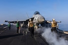 An EA-18G Growler, attached to Electronic Attack Squadron (VAQ) 133, prepares to launch from the flight deck of Nimitz-class aircraft carrier USS Abraham Lincoln (CVN 72) in support of Operation Epic Fury, March 2, 2026. Abraham Lincoln is deployed to the U.S. 5th Fleet area of operations to support maritime security and stability in the Middle East. (U.S. Navy photo)