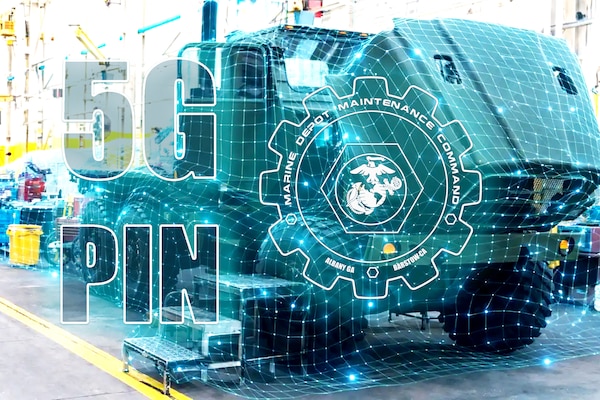 A Medium Tactical Vehicle Replacement sits inside the crane way at Production Plant Albany, Marine Depot Maintenance Command, overlaid with a digital network visualization to illustrate the integration of a 5G Private Infrastructure Network (5G PIN). The graphic represents secure, real-time connectivity across maintenance bays, equipment, and personnel, enhancing data visibility, operational efficiency, and decision-making in support of Marine Corps readiness