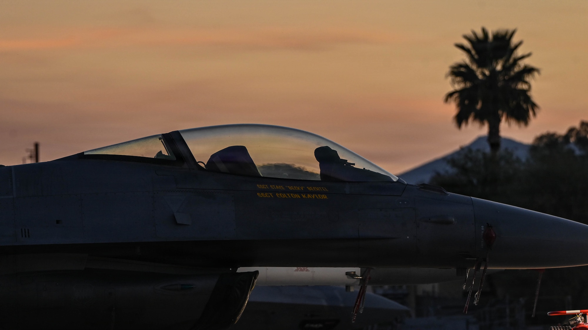 .A U.S. Air Force F-16 Fighting Falcon aircraft sits on the flightline during Heritage Flight Training Course at Davis-Monthan Air Force Base, Arizona, Feb.27, 2026. The F-16 is highly maneuverable and has proven itself in more than 30 years of operations including air-to-air combat and air-to-surface attack. (U.S. Air Force photo by Senior Airman William Finn V)