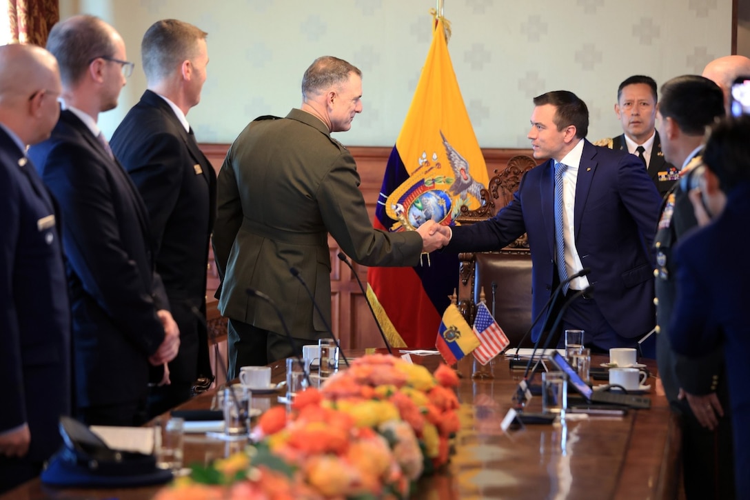 The commander of U.S. Southern Command, Marine Gen. Francis L. Donovan, shakes hands with Ecuadorian President Daniel Noboa on March 2 in Quito, Ecuador. Donovan visited Ecuador March 1 – 2, 2026, to meet with the president and senior defense officials to discuss security cooperation and reaffirm the United States’ strong commitment to supporting the nation’s efforts to confront narco-terrorism and strengthen regional security. (U.S. Embassy Ecuador photo)