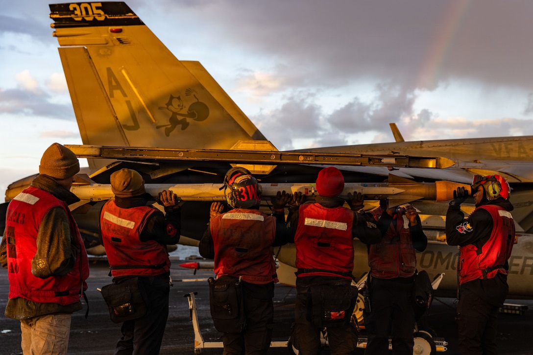 U.S. Sailors load ordnance onto an F/A-18E Super Hornet aircraft, attached to Strike Fighter Squadron 31, on the flight deck of the world’s largest aircraft carrier, USS Gerald R. Ford (CVN 78), while supporting Operation Epic Fury, Feb. 28, 2026. (U.S. Navy photo)