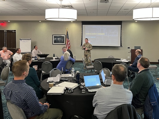 Col. Ron Sturgeon, U.S. Army Corps of Engineers, Savannah District Commander, addresses a military stakeholders summit, February 25–26, 2026, in Savannah, Georgia.