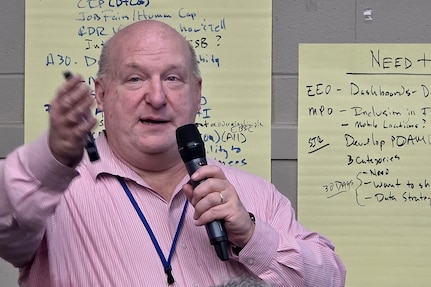 Donald E. Houston, Jr., U.S. Army Financial Management Command Strategic Initiatives Group director, gives guidance during an offsite meeting at the Indiana National Guard’s Lawrence Readiness Center in Indianapolis Feb. 19, 2026. USAFMCOM held its annual offsite meeting of its command staff, directors, staff leads and other key stakeholders to take a comprehensive review of its functions and tasks as the two-star major subordinate command continues to transform, modernize and innovate to meet the U.S. Army's continuous transformation needs through finance and comptroller operations that enable readiness and lethality throughout the Joint Force. (U.S. Army photo by Mark R. W. Orders-Woempner)