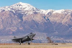 A photo of an F-35 landing at Hill AFB