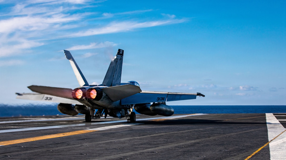 An F/A-18E Super Hornet aircraft, attached to Strike Fighter Squadron 31, launches from the flight deck of the world's largest aircraft carrier, USS Gerald R. Ford (CVN 78), while supporting Operation Epic Fury, Feb. 28, 2026. (U.S. Navy photo)