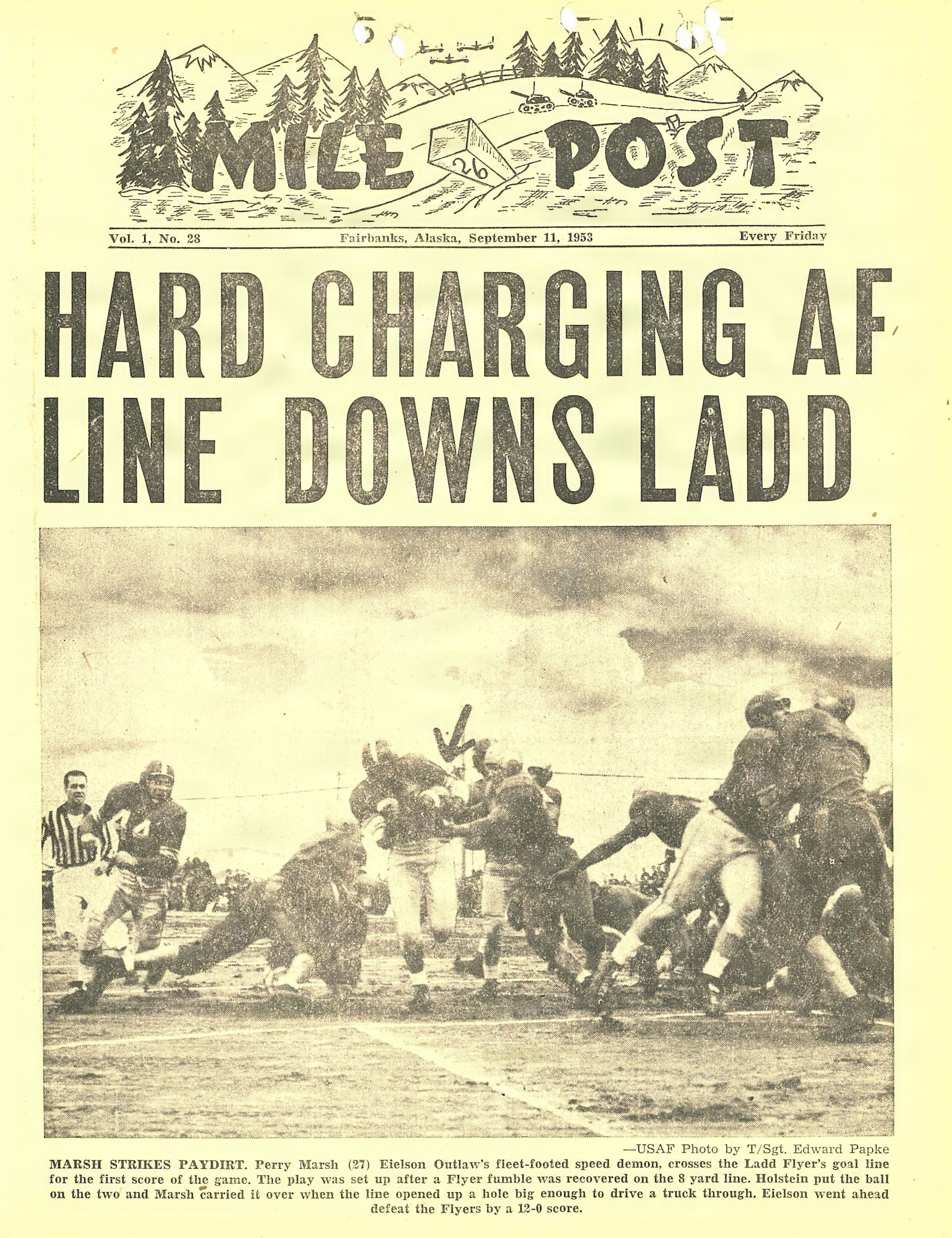 The first Ice Bowl was played on January 1, 1949 between the Ladd Field Flyers and the University of Alaska Polar Bears. The annual contest drew up to 2,500 local spectators and garnered interest far beyond the local Fairbanks community.
