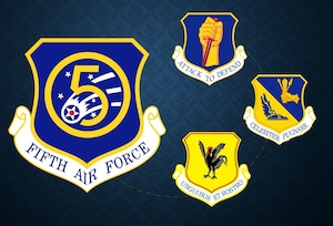 Fifth Air Force, Yokota Air base, Kadena Air Base, and Misawa Air Base emblems.