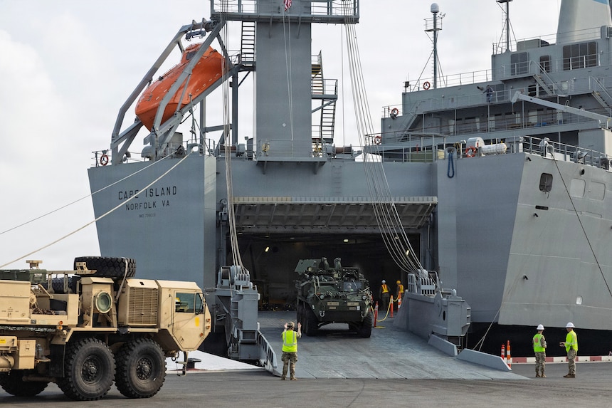 An M1126 Stryker is discharged from Military Sealift Command (MSC) chartered steam ship Cape Island (T-AKR 10) at the port of Chuk Samet, Sattahip, Thailand, Feb. 19, 2026, during an offload of equipment that will be used in Joint Exercise Cobra Gold 2026.