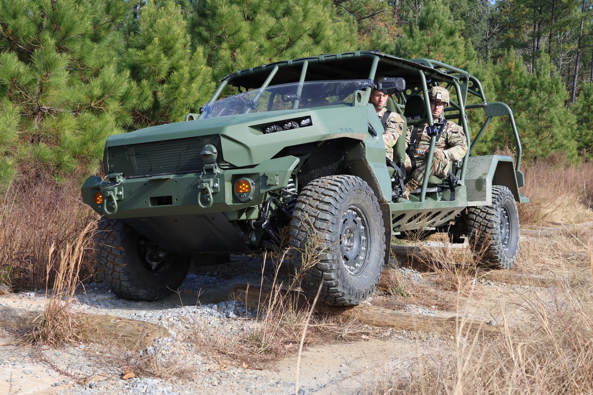 Virginia National Guard Soldiers from units across the Staunton-based 116th Mobile Brigade Combat Team conduct Infantry Squad Vehicle Operator New Equipment Training on the Staff Sgt. Jesse Ault Wheeled Vehicle Obstacle Course Nov. 14, 2025, at Fort Pickett, Virginia. The 116th is the first National Guard infantry brigade to convert to the mobile brigade combat team, and the ISV fielding is a critical step towards increasing the brigade’s mobility on the battlefield. Read more about the 116th’s conversion to an MBCT at https://vngpao.info/4553f7dm. (U.S. National Guard photo by Cotton Puryear)