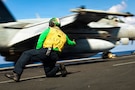 A U.S. Sailor signals the launch of an F/A-18E Super Hornet aircraft, attached to Strike Fighter Squadron 37, from the flight deck of the world’s largest aircraft carrier, USS Gerald R. Ford (CVN 78), while operating in support of Operation Epic Fury in the Eastern Mediterranean Sea, March 2, 2026. (U.S. Navy photo)