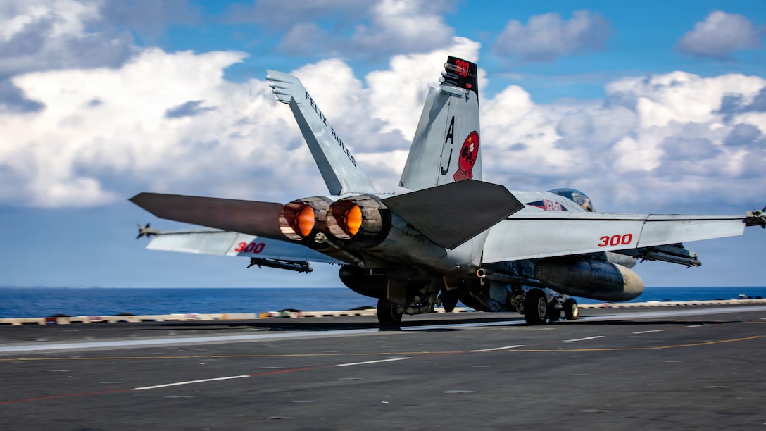 An F/A-18E Super Hornet aircraft, attached to Strike Fighter Squadron 31, launches from the flight deck of the world's largest aircraft carrier, USS Gerald R. Ford (CVN 78), while operating in support of Operation Epic Fury in the Eastern Mediterranean Sea, March 2, 2026. (U.S. Navy photo)