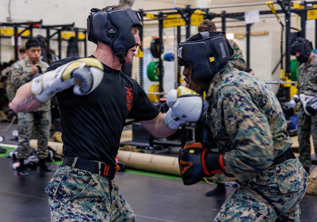 U.S. Marines with Martial Arts Instructor course 42-26, spar during the culminating event at The Basic School on Marine Corps Base Quantico, Virgina, Feb. 13, 2026. The MAI culminating event combines techniques used within the Marine Corps Martial Arts Program in one final test to ensure the marines are ready to conduct belt advancement within individual units to uphold the tradition of warrior ethos in the corps. (U.S. Marine Corps photo by Lance Cpl. Donovan E. Melendez)
