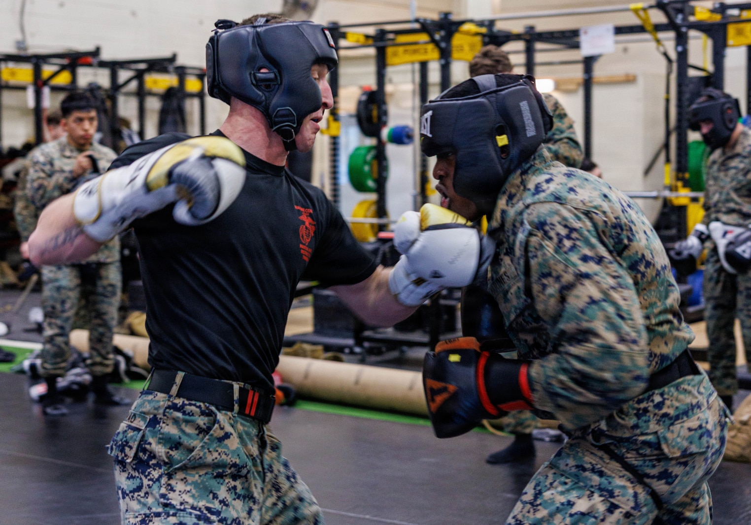 U.S. Marines with Martial Arts Instructor course 42-26, spar during the culminating event at The Basic School on Marine Corps Base Quantico, Virgina, Feb. 13, 2026. The MAI culminating event combines techniques used within the Marine Corps Martial Arts Program in one final test to ensure the marines are ready to conduct belt advancement within individual units to uphold the tradition of warrior ethos in the corps. (U.S. Marine Corps photo by Lance Cpl. Donovan E. Melendez)