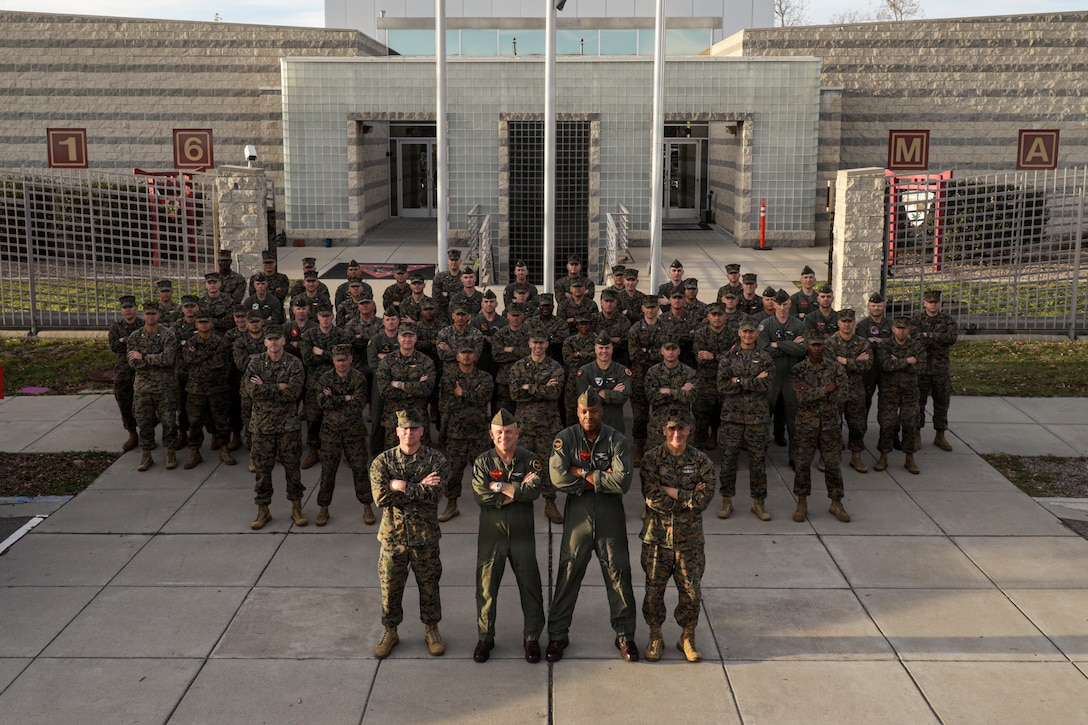 U.S. Marines and Sailors with various commands across 3rd Marine Aircraft Wing, pose for a group photo during a senior leader’s course at Marine Corps Air Station Miramar, California, Feb. 24, 2026. The course emphasized 3rd MAW’s leadership priorities and fostered discussions among attendees on effective leadership approaches and strategies. (U.S. Marine Corps photo by Cpl. Nikolas Mascroft)